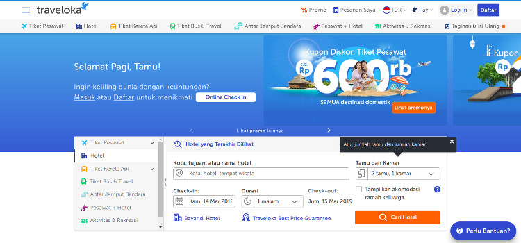 Website Traveloka, penyedia tiket pesawat dan hotel